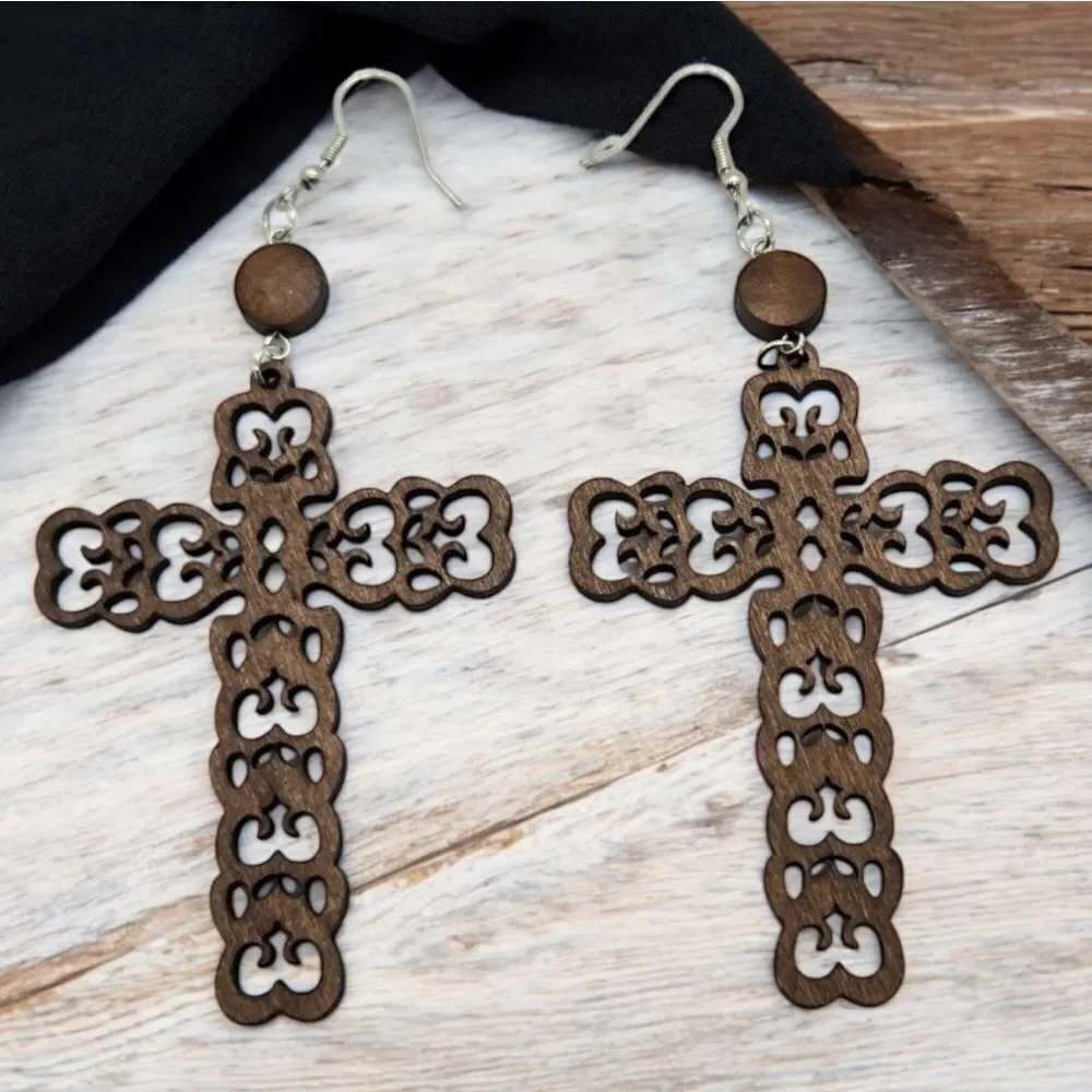 Large Ornate Wooden Cross Earrings Christian Prayer Pendant Religious Jewelry